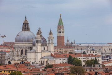 Aerial view of Basilica della Salute domes and San Marco bell tower, Venice, Italy