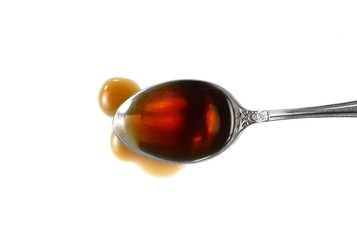 Spoonful of Cough Medicine isolated on a white background. medication or antipyretic syrup. 
