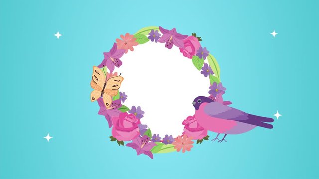 beautifull flowers garden and bird with butterfly frame