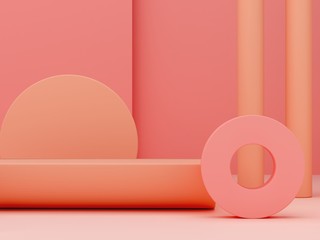 Pink coral shapes on a coral abstract background. Minimal boxes and geometric podium. Scene with curved forms. Empty showcase for cosmetic product presentation. Fashion magazine. 3d render. 