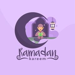 Ramadan with Illustrations of the Moon and People who are reading Quran