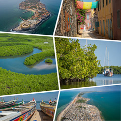 Collage of popular tourist destinations in Senegal. Travel background. West Africa.