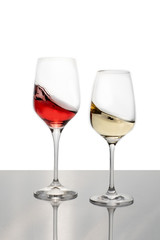Crystal glass with red and white wine