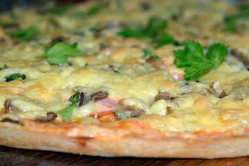 Baked pizza with sausage, mushrooms, onions, cheese and herbs.