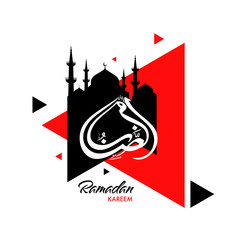 Arabic Islamic Calligraphy text Ramadan Kareem with Mosque Silhouette on Red Abstract Background.