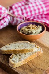 Depiction of Healthy breakfast with avocado sauce and homemade bread