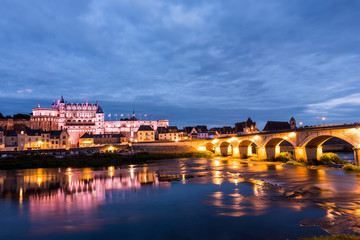 Aboise city on the Loire river with its castle on a summer night. (France)