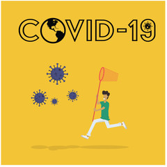 a man using the net chasing coronavirus on the air in cartoon vector concept design