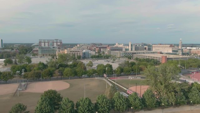 Aerial: Sports field on the Indiana University–Purdue University, Indianapolis, Indiana, USA. 22 September 2019
