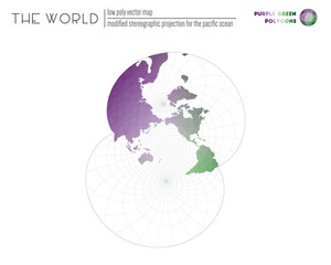 Polygonal world map. Modified stereographic projection for the Pacific ocean of the world. Purple Green colored polygons. Energetic vector illustration.