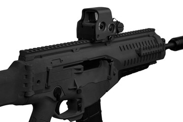 Modern automatic carbine with collimator sight isolate on white background. Weapons for the army,...