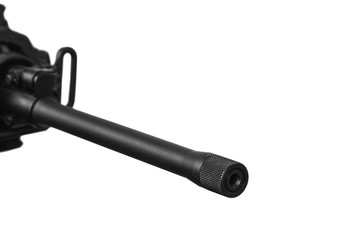 Modern automatic carbine with collimator sight isolate on white background. Weapons for the army,...