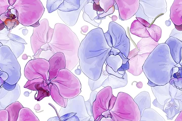 Photo sur Plexiglas Orchidee Motif floral sans couture avec de délicates fleurs d& 39 orchidées pastel sur blanc. Fond rose et violet. Dessiné à la main. Plantes tropicales pour textile, impression, papiers peints, papier d& 39 emballage. Illustration vectorielle de stock.
