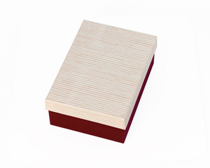 A beautiful maroon box with a textured striped lid and a white background. Empty space. Layout. Stylized stock photos.