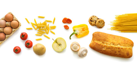 Healthy Grocery food on white background. Various food products for banner, online shop background. Top view. Flat lay.