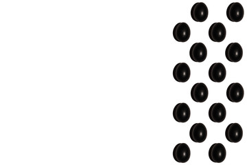 Black colored eggs pattern on white background. Hardlight. Isolated.