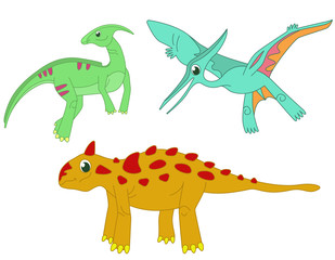 Set of different dinosaurs. Parasaurolophus, pterodactylus and talarurus in funny cartoon style.