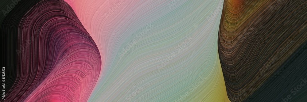 Poster abstract dynamic curved lines surreal horizontal header with dark gray, very dark green and old mauve colors. elegant curved lines with fluid flowing waves and curves