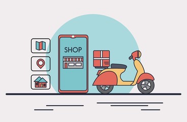 Online shop illustration. Delivery man with online store illustration. Home, location, map , money, scooter icon.