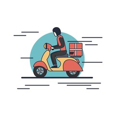 man with scooter deliver a package . man ride a motorcycle.Online shop illustration. Delivery man with online store illustration. Home, location, map , money, scooter icon.