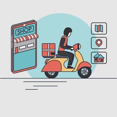 Online shop illustration. Delivery man with online store illustration. Home, location, map , money, scooter icon. man with scooter deliver a package . man ride a motorcycle.