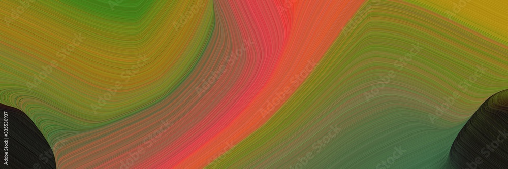 Poster abstract dynamic curved lines artistic designed horizontal banner with olive drab, moderate red and very dark green colors. elegant curved lines with fluid flowing waves and curves