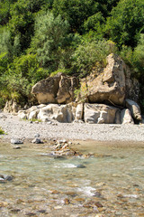 View of The Alcantara river and it's rocky bank, Sicily, Italy