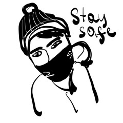Obraz premium A person wearing a mask sketch with lettering Stay safe