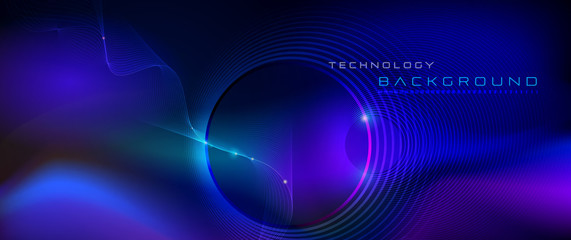Illustration Abstract glowing, neon light effect, wave line, wavy pattern. Vector design communication techno on blue background. Futuristic digital technology for web or banner background