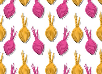 Onion pattern, food seamless background from hand drawn onions. Vector illustration