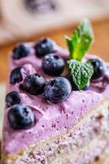 Fresh delicious piece of cake with blueberries and mint, closeup, side view, vertical
