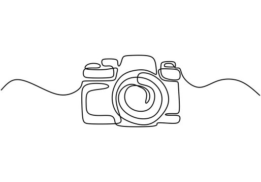One line drawing of camera linear style. Black image isolated on white background. Hand drawn minimalism style vector illustration