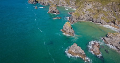 Aerial view of Bedruthan Steps cliffs, Newquay, Cornwall, UK