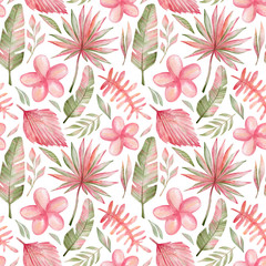 Watercolor hand-drawn seamless pattern with tropical pink flowers and leaves. Background with summer jungle plants for wrapping, wallpaper, cover, textile, decoration