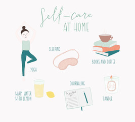 self care, stay at home, journaling, yoga, coffee, girl, candle, books, journal, water with lemon, sleep, gratitude, subtle, draw, icon, set, design, illustration