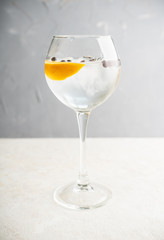 Gin based cocktail with lemon slice and juniper berries in wine glass. Selective focus. Shallow depth of field.
