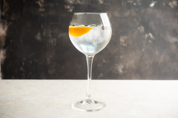 Gin based cocktail with lemon slice and juniper berries in wine glass. Selective focus. Shallow depth of field.