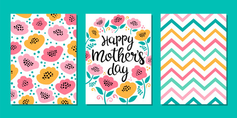 Fototapeta na wymiar Set of 3 vector cards. Vector illustration with calligraphy inscription, flowers and chevron background. Modern typography for Happy Mother's Day. Templates ready for use in web or print design.