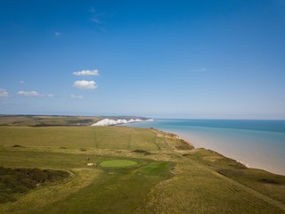Aerial view of Seven Sisters Cliffs and Golf Course, East Sussex, England