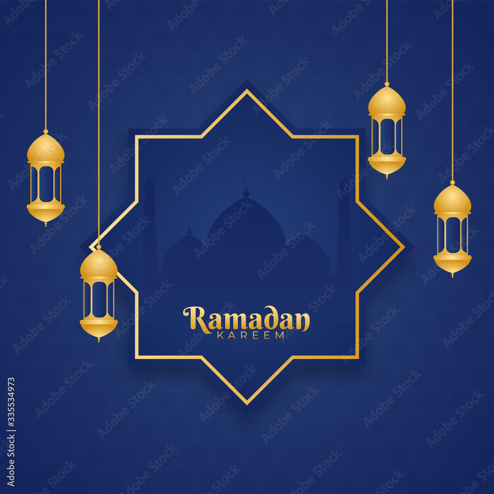 Sticker Islamic Holy Month of Ramadan Kareem concept with hanging golden lantens and mosque silhouette on blue background.