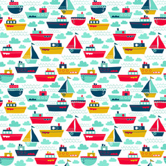 Seamless vector pattern with boats and clouds. Great for kids theme.