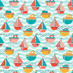 Seamless pattern with cartoon style steamboats and waves. Vector background with boats in childish style.