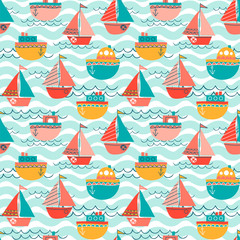 Seamless pattern with cartoon style steamboats and waves. Vector background with boats in childish style.