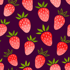 Seamless pattern with strawberry. Vector illustration of berries on the dark background.