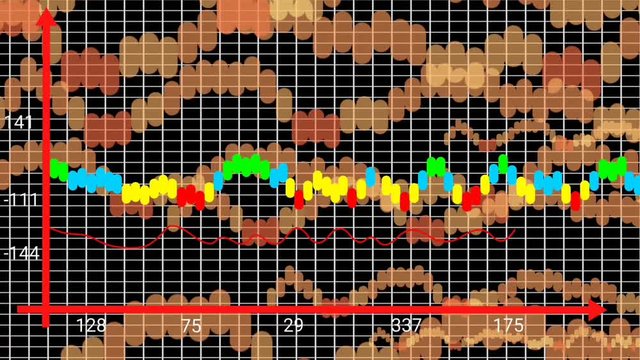 Colourful graph motion animation moving one side to another in black grid background, 3 lD illustration. Consept for business and statistics.