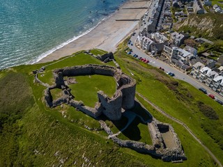 Aerial view of Criccieth Castle and Beach, Wales, UK