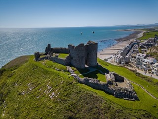 Aerial view of Criccieth Castle and LLyn Peninsula, Wales, UK