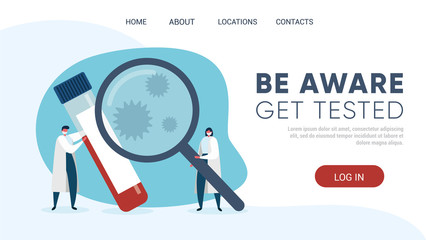 Doctors examine test tube with infected blood. COVID-19 virus. Medicine concept. Template for website, landing page. Flat vector illustration.