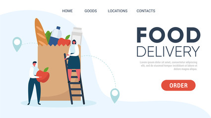 Package of food. Food delivery service. Quarantine and virus infection prevention. Template for website, landing page. Flat vector illustration.