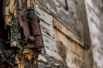 white wooden train carriages.  Old vintage wood.Old rusty hinge